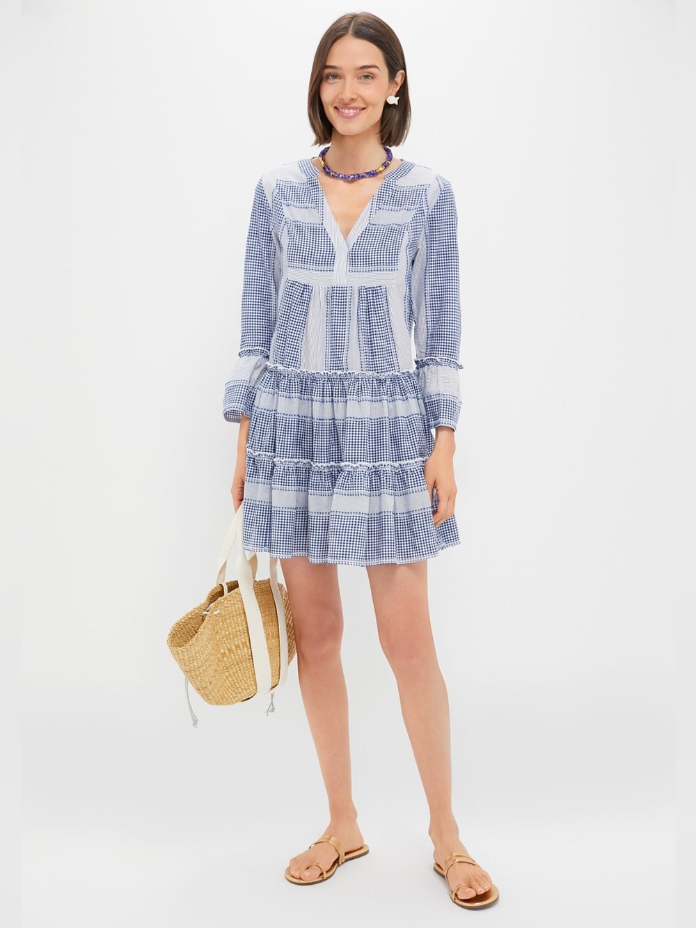 Pomander Place Blue Gingham Lanie Tiered Mini Dress size Small